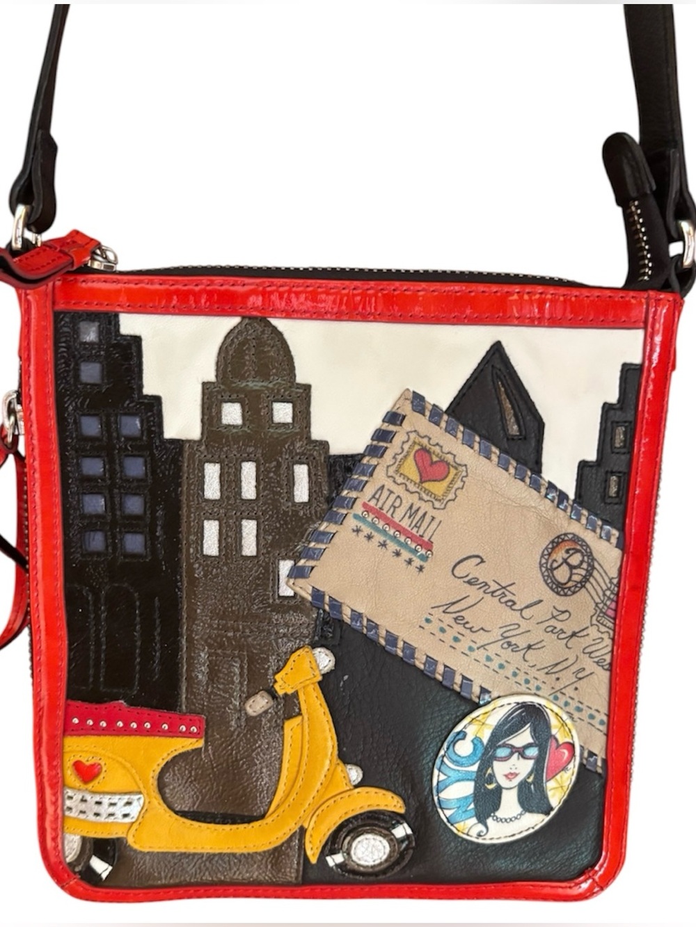 Brighton Red and Black Cityscape Crossbody with Yellow Scooter